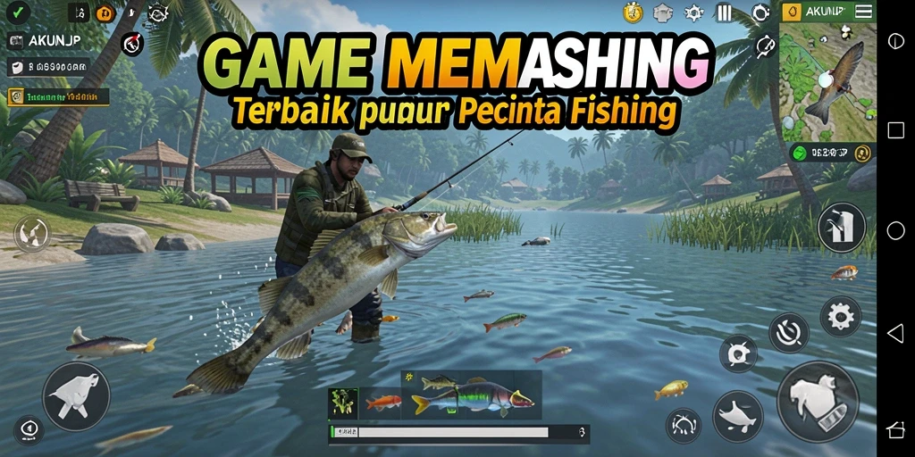 Screenshot gameplay AKUNJP yang menunjukkan aksi memancing yang seru.