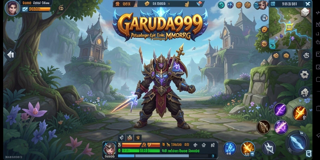 Tangkapan layar utama dari GARUDA999 yang menampilkan aksi pertempuran seru di dunia MMORPG.