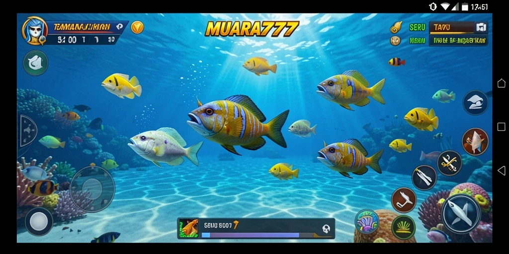 Tampilan gameplay menyenangkan saat menembak ikan berwarna-warni di MUARA777.
