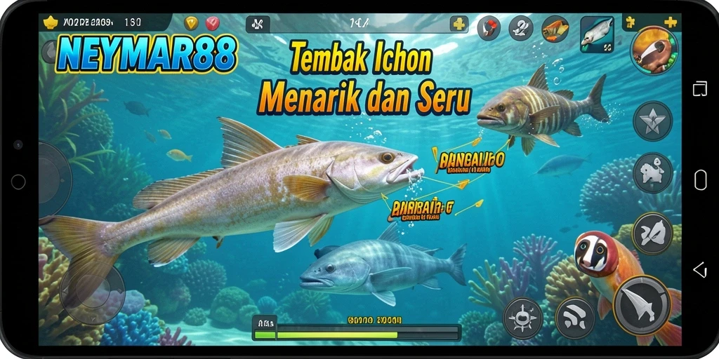 Screenshot gameplay NEYMAR88 menampilkan aksi menembak ikan yang mendebarkan.