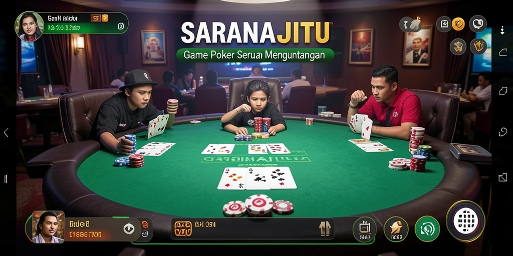 Screenshot gameplay SARANAJITU menampilkan suasana permainan poker yang menarik.